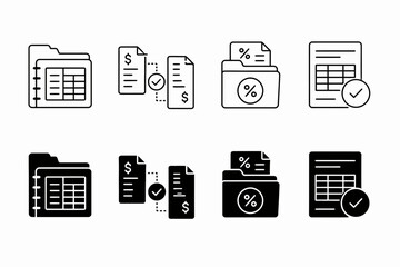 Fototapeta premium Finance document icons: folder, invoice, percentage, checklist in line and solid styles