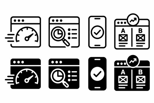 Set of icons for speed, search, optimization, a/b testing, and analytics