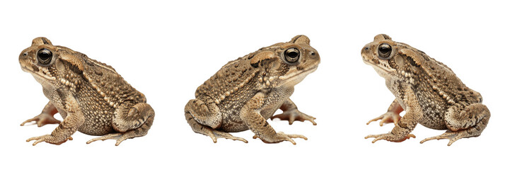 Naklejka premium Set and collection of brown wild toad frog amphibian sitting profile view nature biology asset isolated on white transparent png background