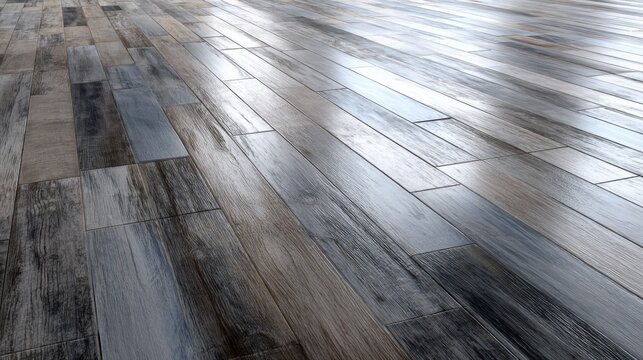 Modern rustic wood plank flooring with distressed weathered texture and glossy finish