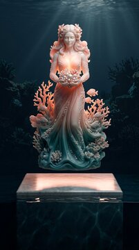 Celestial Pearl Coral Sea Glass Crystal Doris Nereid Of the Seas Abundance Of Aegea Levitating Above Sunken Pedestal