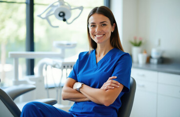 Fototapeta premium Woman dentist with crossed arms smiles confidently. Professional healthcare worker in blue uniform sits in bright modern dental office. She shows poise and readiness for patient care.