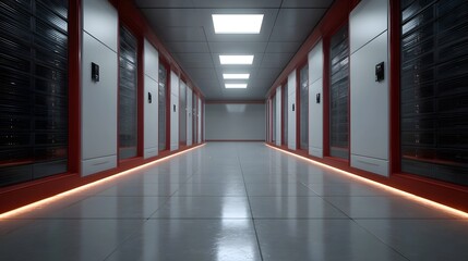 Fototapeta premium A long modern corridor featuring stark white walls and dark paneling accented by vivid red strip lighting