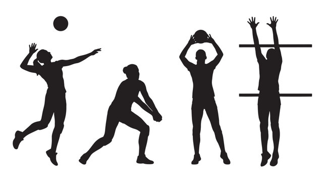 Volleyball Players Silhouettes Spiking Blocking Serving For Sports Concepts