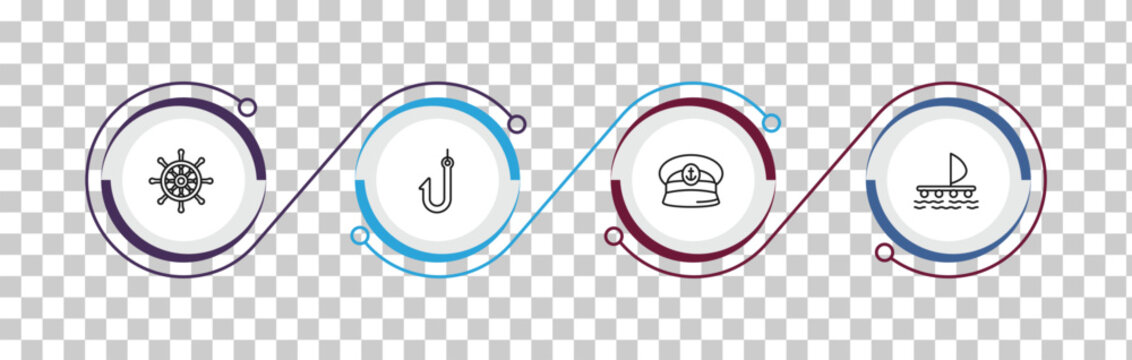 outline nautical icons set - boat steering wheel, fishing hook, captain hat, wood raft. editable vector for web and mobile ui