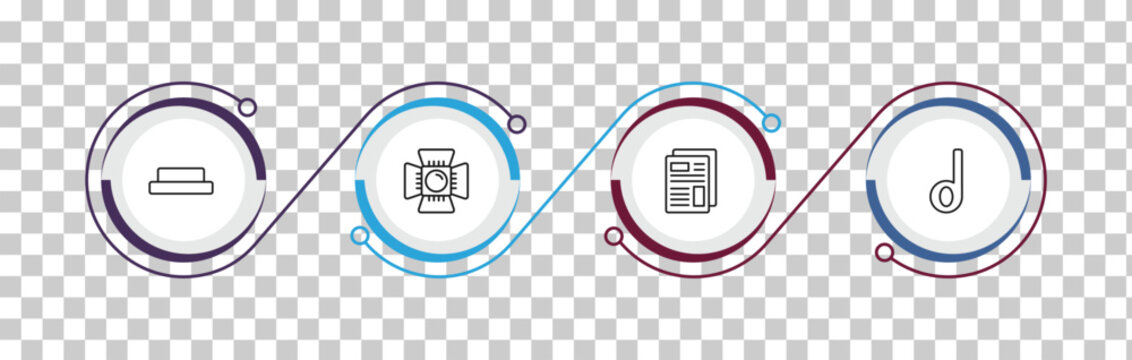 outline music and media icons set - half rest, music spotlight, newspaper report, minim. editable vector for web and mobile ui