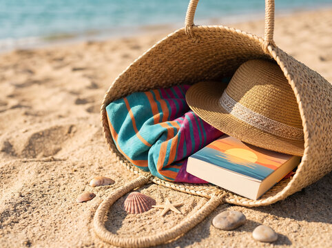Beach tote bag with colorful towel and straw hat on sandy shore under natural light