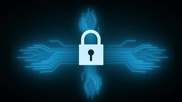 Digital security lock icon safeguards high tech circuit board networks. Secure security lock icon visualizes advanced cloud computer encryption. Cyber security concept using security lock icon.