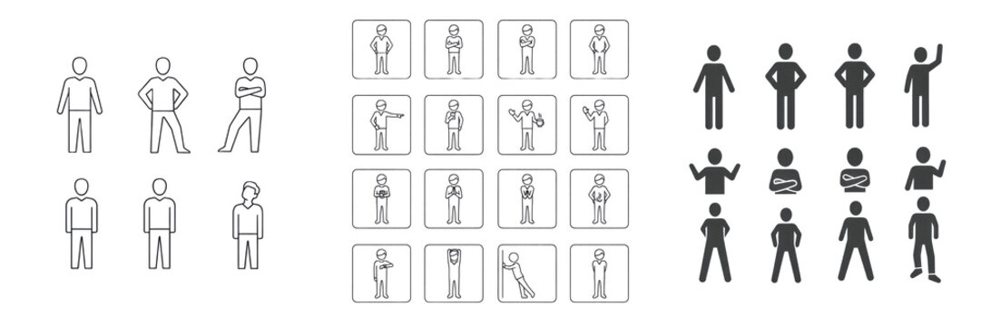 Set and collection of simple black line minimalist user interface icons grid showing human stick figures pose bundle isolated on white transparent png background