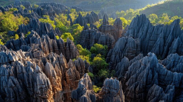 Aerial view of the sharp limestone karst formations in Tsingy de Bemaraha National Park, Madagascar