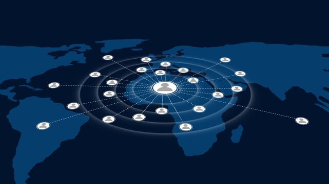 Global Network of People Icons on Dark Blue World Map animated