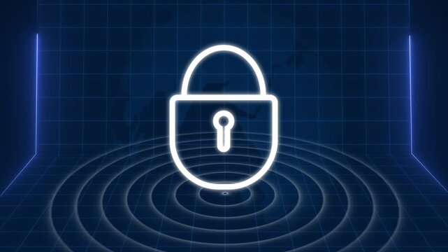Digital security lock icon loops for corporate cyber protection videos. Secure security lock icon visualizes advanced network data encryption. Cyber security concept using security lock icon.