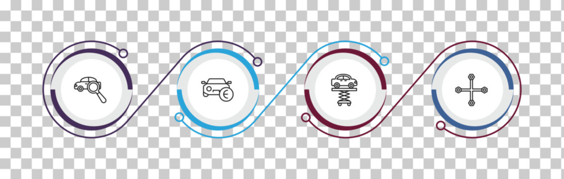 outline mechanicons icons set - searching for car, car sale in euros, car lifter, changing wheels tool. editable vector for web and mobile ui