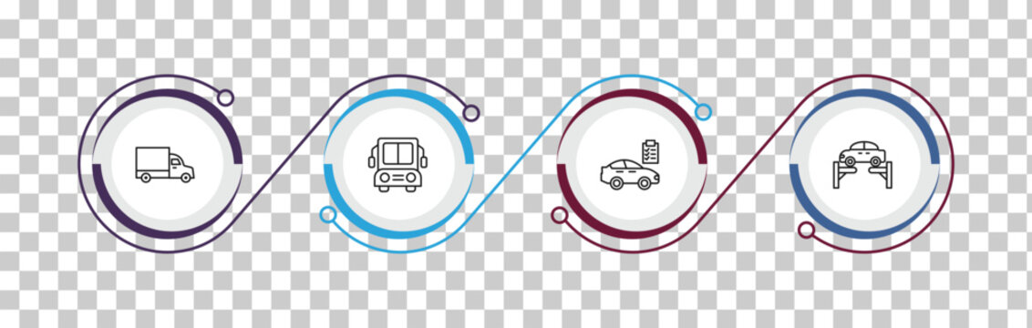 outline mechanicons icons set - lorry side view, big bus front, car repair check, car on an elevator. editable vector for web and mobile ui
