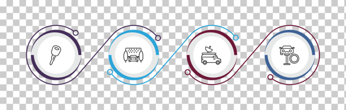 outline mechanicons icons set - car key, car wash hine, van an antenna, changing car tire. editable vector for web and mobile ui