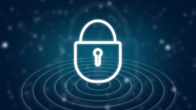 Digital security lock icon safeguards high tech database servers. Secure security lock icon protects corporate user profile files. Information privacy concept with security lock icon.
