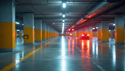 Obraz premium Empty underground parking garage with concrete pillars and yellow markings. A red car drives in distance with reflection on wet floor. Soft lights glow.