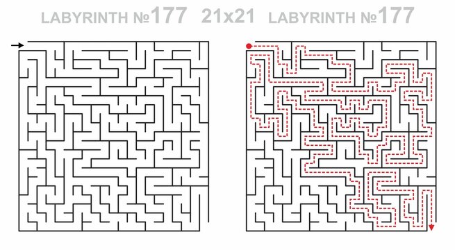 Maze challenge with answers. Complex maze path 21x21 with solution. Empty grid template for teachers. Hard.