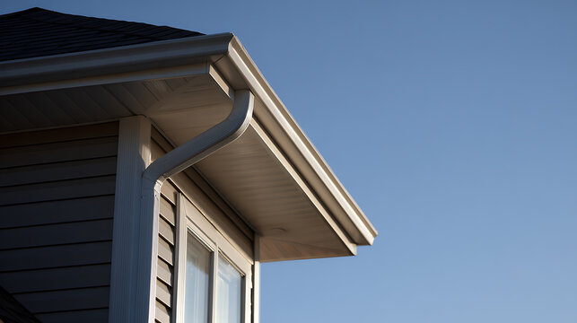Clean seamless gutter system and fascia on a modern residential house against a clear blue sky, designed for efficient water management
