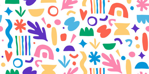 Fototapeta na wymiar Funky seamless pattern of trendy groovy bold shapes, hand drawn illustration.