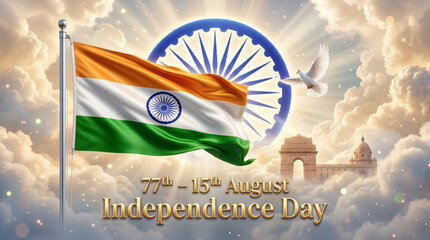 Fototapeta premium Patriotic India independence celebration with waving national flag and peaceful heritage sky background