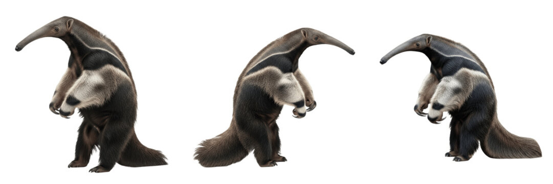 Set and collection of unique wild giant anteater mammal standing side view wildlife animal character isolated on white transparent png background