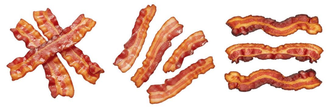 Set and collection of crispy delicious grilled bacon strips delicious breakfast food meat product marketplace asset isolated on white transparent png background