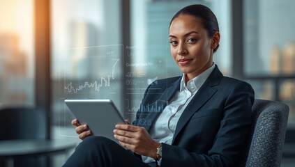 Plakat Professional woman using tablet in modern office with natural light and city view