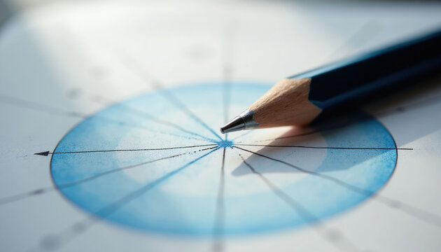 Pencil tip on graph circle intersecting lines. Paper shows blue area, grid, geometric pattern. Closeup detail on analytical chart for data visualization.