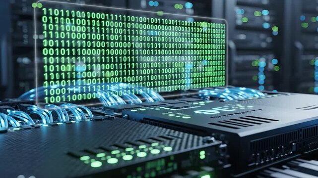 Futuristic Data Center with Glowing Binary Code and Server Racks.