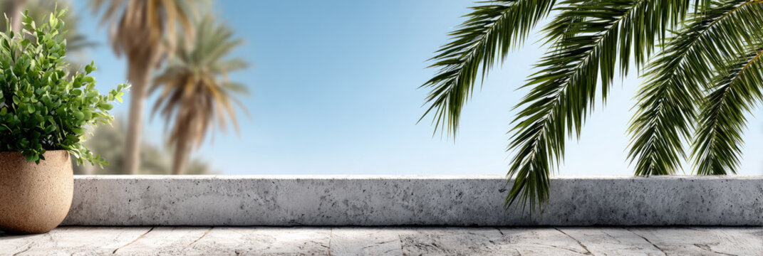 Empty rustic wooden table and concrete parapet framed by lush palm leaves and a green potted plant against bright blue sky, perfect tropical product display backdrop