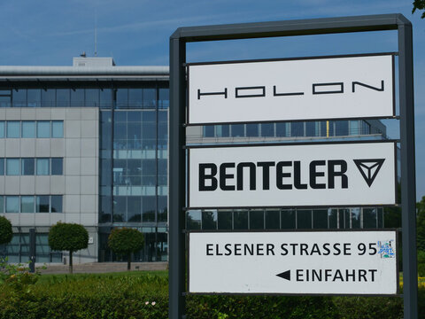 Germany, Paderborn, May 24. 2026, Sign indicating the location of Benteler International AG and Holon at 95 Elsener Street