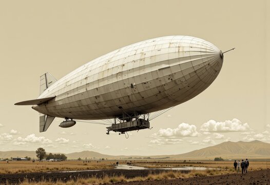 Vintage Airship Hovering Low Over Arid Landscape Under Overcast Sky