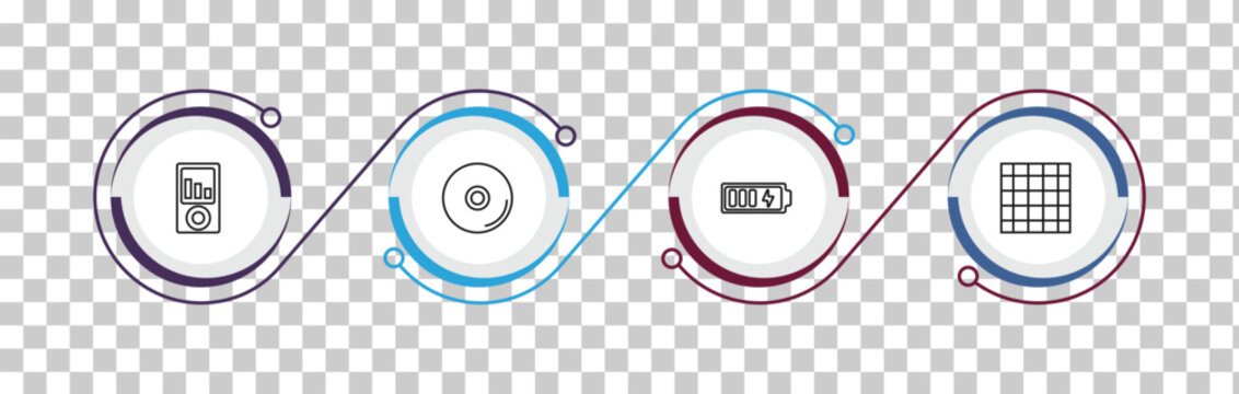 outline electronic stuff fill icons set - portable music player, compact disc, charging battery, screen grid. editable vector for web and mobile ui