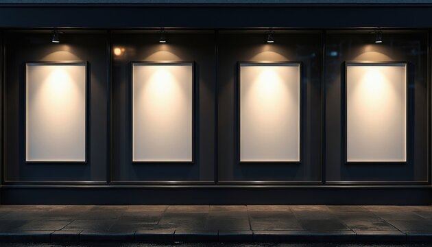 Four empty illuminated poster frames in a dark shop window at night. Retail storefront display with copy space for advertising and promotions.