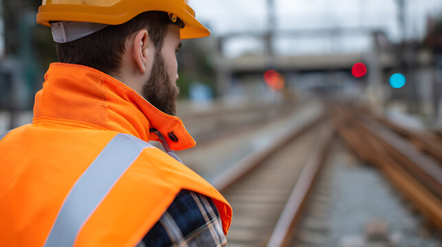 Serious male railway worker in safety helmet and high-visibility vest inspect inspect tracks with signals background, focus on safety and infrastructure