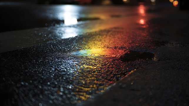 Vibrant Night Reflections on Wet Asphalt Pavement, Urban Street Scene After Rain, City Lights Create Colorful Puddles and Abstract Patterns