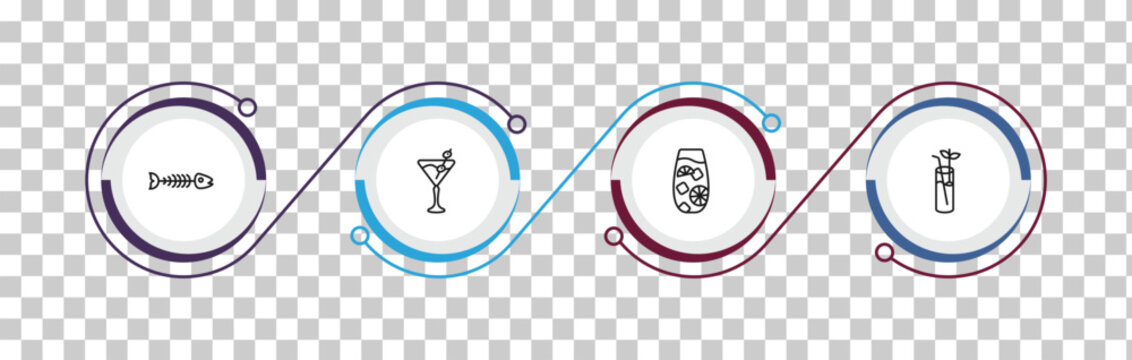 outline drinks icons set - fish skeleton, 007 martini, tom collins, bloody mary. editable vector for web and mobile ui