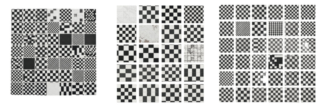 Set and collection of abstract black and white chessboard check grid textures mosaic pattern matrix isolated on white transparent png background