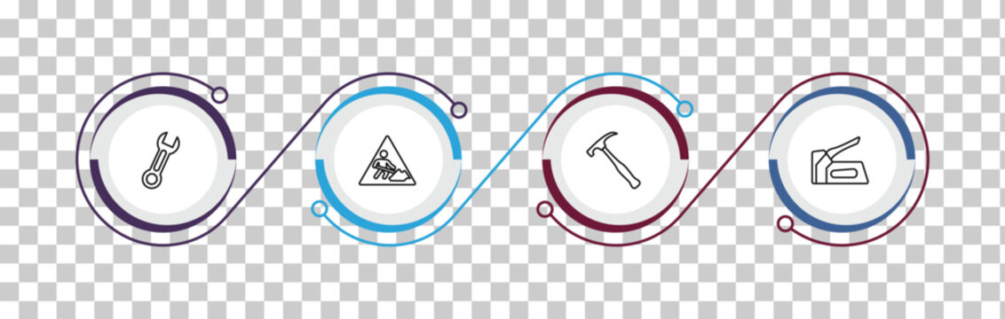 outline construction and tools icons set - round wrench, working, brick hammer, staple gun. editable vector for web and mobile ui