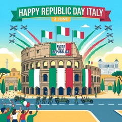 Celebration of italy's republic day with colosseum and military parade on june 2