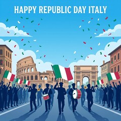 Marching band celebrates republic day in italy with flags and historic structures