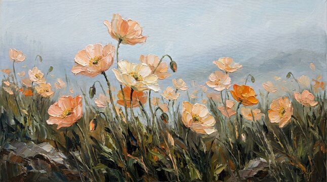 Impressionistic oil painting of pastel orange and cream poppies blooming in a wild misty field with textured impasto brushstrokes