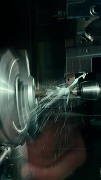 Industrial lathe sharpening metal shaft. Metallurgical production concept.