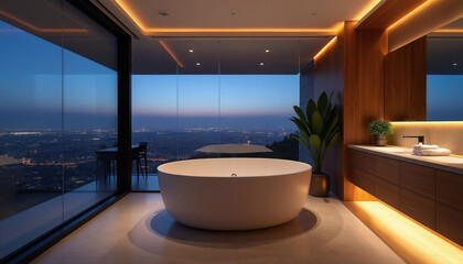 Obraz premium Luxury bathroom with freestanding tub near large window overlooking city at night. Modern interior design with wood accents, ambient lighting creates serene bathing experience. Enjoy relaxing evening.
