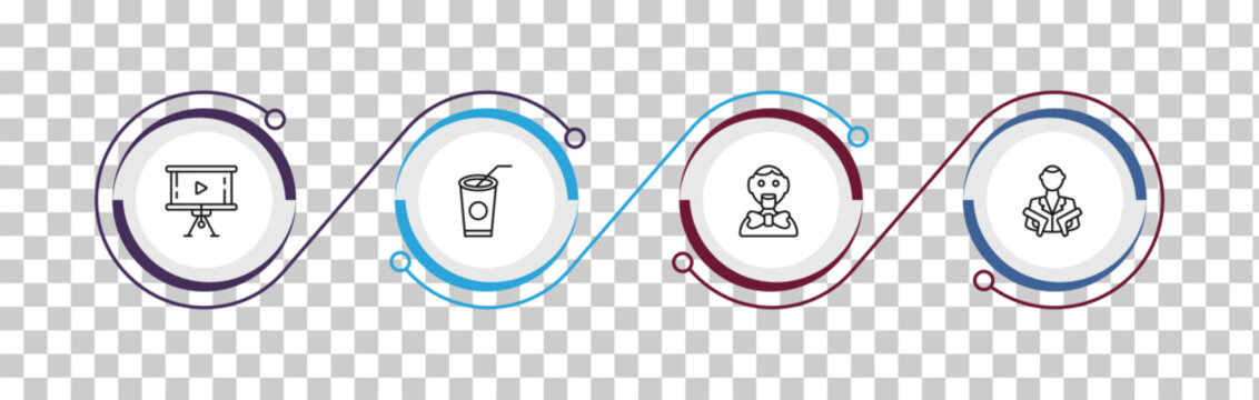 outline cinema icons set - projector screen, papper cup with straw, ventriloquist, hitman. editable vector for web and mobile ui