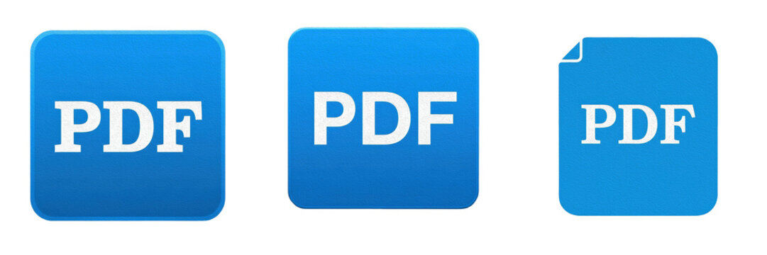 Set and collection of flat blue rounded square PDF document file format icon web graphic isolated on white transparent png background