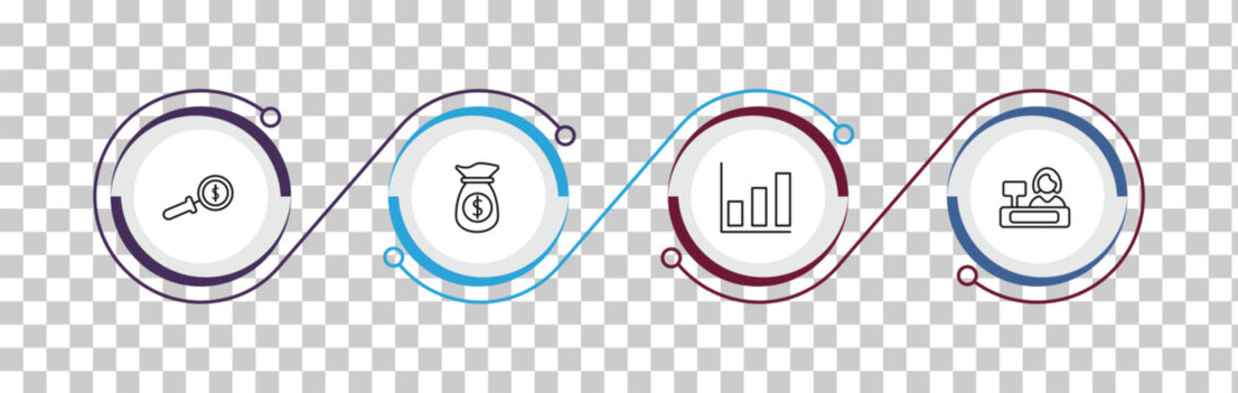 outline business icons set - dollar business search, dollar on business time, bars chart, supermarket cashier. editable vector for web and mobile ui