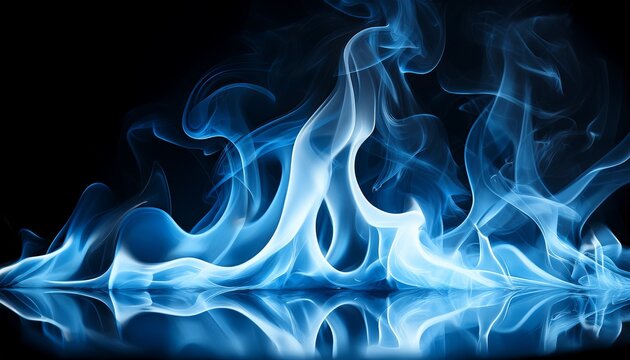 macro view of blue flame and smoke reflection on black surface glowing white and blue fire details abstract dynamic burning concept for background design