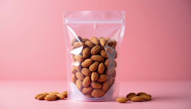 Almonds sit in a clear plastic zip bag on a vibrant pink background. Several nuts rest on the surface in front and beside the container. This photo is perfect for food blogs.